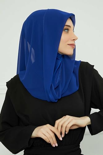 Aisha's Design Pre-tied Cotton-Chiffon Scarf for Women Practical Veil Instant Scarf Hijab Stylish Design - color: Sax Blue