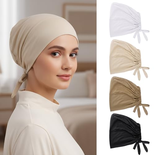 4Pcs Under Hijab Cap Inner Underscarf for Women Under Scarf Hat Adjustable Hijab Cap with Tie Back Closure