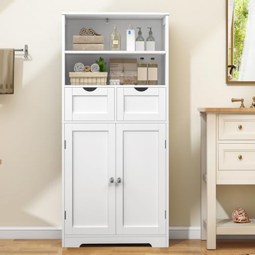 Iwell Tall Bathroom Cabinet, Storage Cabinet with Adjustable Shelves, Bathroom Storage Cabinet for Living Room, Dining Room, Entryway, White - color: White, 2 Drawers
