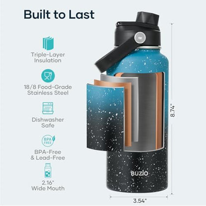 BUZIO 32 oz Water Bottle Insulated, Leakproof Stainless Steel Flask (Cold for 48 Hrs), Wide Mouth BPA-Free Metal Thermo Hydro Canteen with 2 Lids, Dappled Navy Black - color: Dappled Navy Black, size: 32 Ounces
