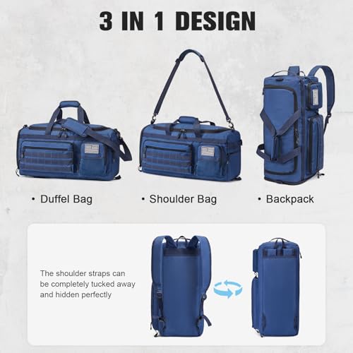 G4Free 3-in-1 Duffle Bag Travel Gym Sports, Large Tactical Duffel Backpack | 50L/65L with Shoes Compartment and Wet Pocket, Military Workout Bag for Men and Women, Blue - color: Navy