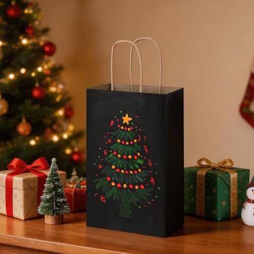 Oikss 50 Pack 5.25x3.25x8.25 inch Small Kraft Paper Bags with Handles Bulk, Birthday Wedding Party Favors Grocery Retail Shopping Business Goody Craft Gift Bags Cub Sacks (Black) - color: Black