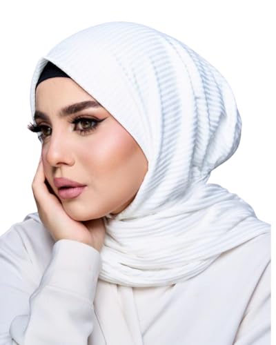 Instant Hijab 여성용 | 헤드 랩 100% 면 리브 헤드스카프 | 금속 핀이 있는 착용하기 쉬운 히잡 - color: 화이트.