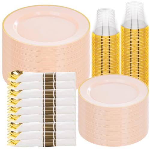SUT 350 Pcs Pink and Gold Plastic Dinnerware Set for 50 Guests, Include: 50 Dinner Plates, 50 Dessert Plates, 50 Pre Rolled Napkins With Silverware, 50 Cups, Disposable Plates for Baby Shower, Party - color: Pink Gold, size: 350PCS