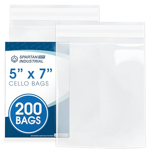 5" X 7" Self-Sealing Cellophane Bags (200 Count) Clear Cookie Bags | With Seal for Decorated Cookies, Treats, and Candy - Resealable Adhesive Flap, Reinforced Sides - Spartan Industrial - size: 5" X 7"