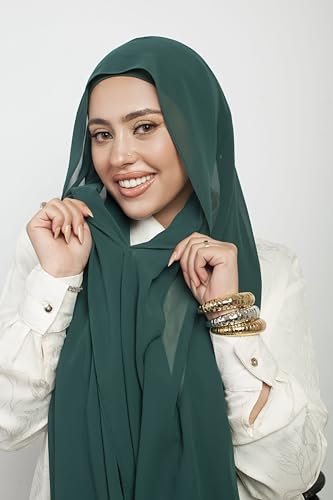 Instant Chiffon Hijab 3-in-1 with Built-in Magnets and Attached Match Undercap, Women Hijabs Set. - color: Emerald