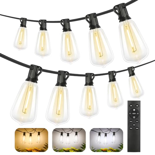 Brightever 200FT Outdoor String Lights with Remote, 2700K/4000K/5000K Selectable LED String Lights for Outside with 100+4 ST38 Edison Bulbs, 3 Modes Dimmable Patio Lights Waterproof for Camping, Deck - color: Black Wire 3CCT, size: 200FT