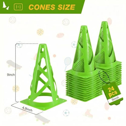 24 Pack Soccer Cones, 9 Inch Agility Cones for Soccer, Football, Basketball, Cones for Sports Training, Speed & Agility Drills, Field Marking Equipment - color: green