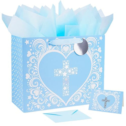 JWSCYSY 15.7" Extra Large Blue Gift Bag with Metallic Silver Star Cross Design, Card and Tissue Paper for Baby Boy Baptisms, Christenings, First Communions Religious - color: Blue 15.7"