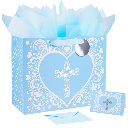 JWSCYSY 15.7" Extra Large Blue Gift Bag with Metallic Silver Star Cross Design, Card and Tissue Paper for Baby Boy Baptisms, Christenings, First Communions Religious - color: Blue 15.7"