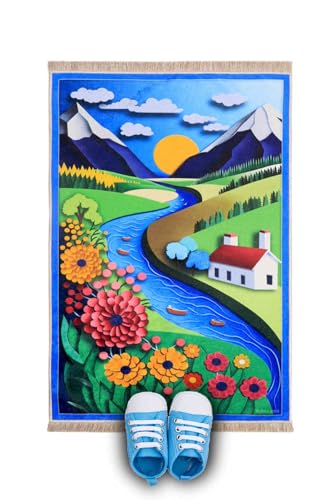 SODEF Kids Prayer Rug Play Mat Blue Sunny Valley 18x31 in Chenille Base Straight Fringe Polyester Washable Seccade - Blue, 18x31 inch