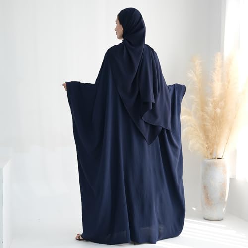 ODIZLI Abayas For Women Muslim Dubai Full Cover Kaftan Shirt Dress Batwing Sleeve Prayer Dress With Hijab - color: Dark Blue+ Hijab, size: One Size