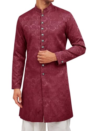 Runcati Mens Kurta Sherwani Coats Kaftan Indian Ethnic Royal Textured Suits - color: Flower- Burgundy, size: Large