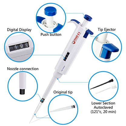 FOUR E'S SCIENTIFIC 1mL Pipette, Adjustable Volume Micropipette | 100-1000μL Single-Channel Pipettor, Ergonomic Design, Precise Volume Dial - size: 07 (100-1000uL)