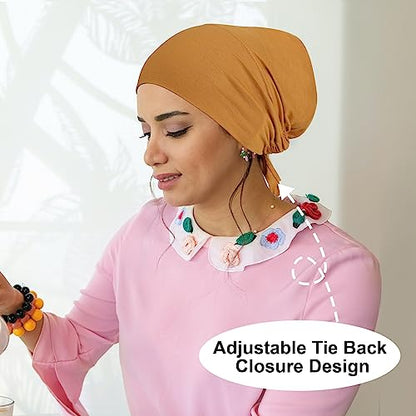 PHOGARY 4 Pcs Women Hijab Undercap, Islamic Muslim Under Hijab Cap Inner Under Scarf Hat Turban with Tie Back Closure - color: Turmeric, Earthy Yellow, Olive Green, Light Gray