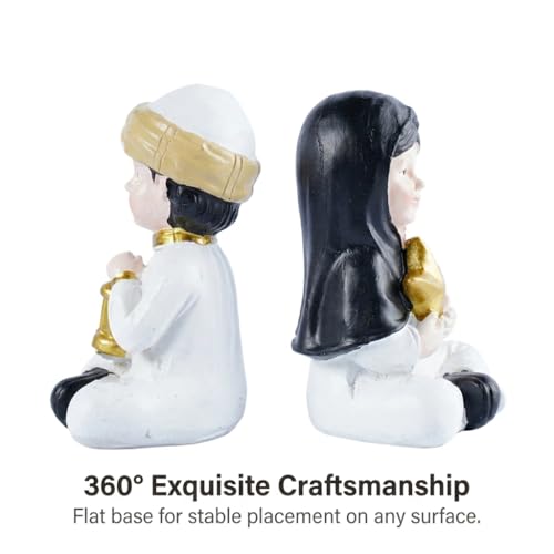 Ramadan Decorations Islamic Home Decor Muslim Boy and Girl Figurines Holding Lantern and Star Resin Table Centerpieces for Office Kids Eid Gifts Ideas Room Desktop Ornament