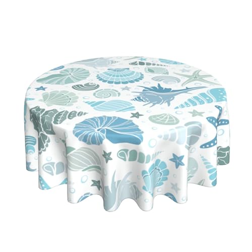 Coastal Seashells Tablecloth Summer Round Table Cover Washable Table Cloth for Home Kitchen Party Picnic 60 Inch - color: Summerly Coastal Seashells Starfish