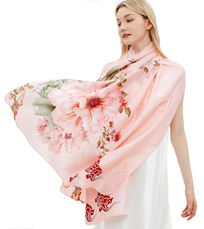 Women Silk Scarves Long Satin Lightweight Outdoor Shawl Wraps Printed Head Scarf 70''X35'' - color: 101-pink