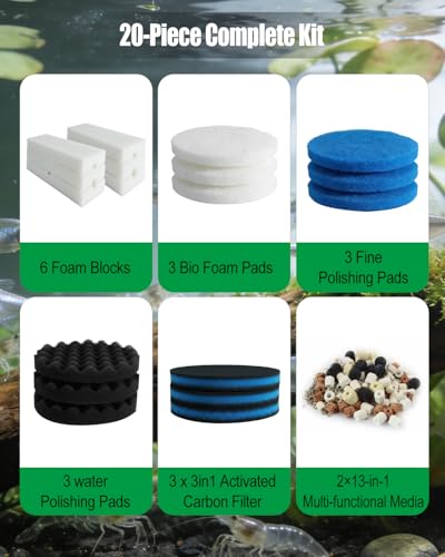 20 Pcs Filter Media Replacement Kit Fit for Fluval FX2 FX4 FX5 FX6 | Includes Foam Block, Bio-Foam, Fine Pad, Water Polishing Pads, 3in1 Coarse Filter, 13in1 Media