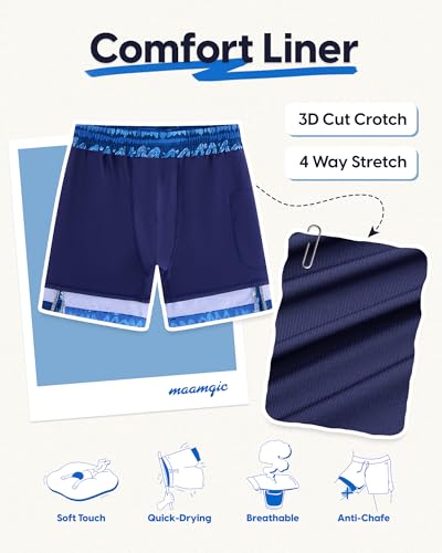 maamgic Mens Swim Trunks - Mens Bathing Suit with Compression Liner 7 Inch Quick Dry Fshion Stretch Zipper Pockets Swimwear - color: 2-navy Blue-navy Blue-layered Pattern, size: XX-Large