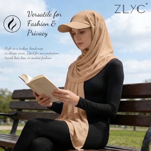 ZLYC Women Muslim Hijab Scarf with Visor Built-in Undercap Sun Protection Headwrap - color: Solid Tan