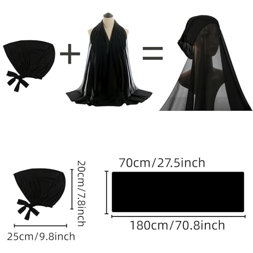 Yeieeo Instant Chiffon Hijab with Undercap (Tube or Bandage Cap), Breathable, no sweat buildup,Solid Chiffon Head Wraps - color: Black