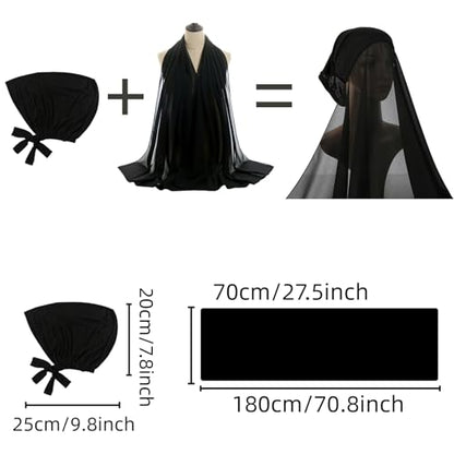 Yeieeo Instant Chiffon Hijab with Undercap (Tube or Bandage Cap), Breathable, no sweat buildup,Solid Chiffon Head Wraps - color: Black