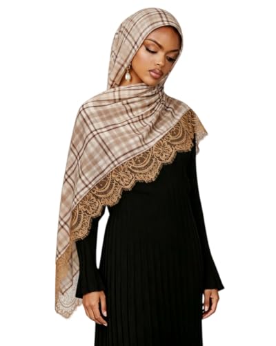 JUMISEE Elegant Floral Lace Hijab Scarf for Women Soft Cotton Head Wrap Instant Hijab Long Scarves Evening Dress Shawl - color: Khaki Plaid Pattern