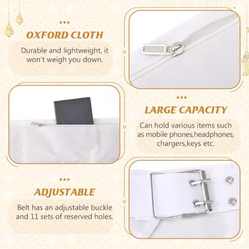 Dansydaisy Ihram Belt for Hajj and Umrah White Adjustable Ihram Waist Belt with Zippered Pockets Fits 32" up to 52" - style: 3 Pocket