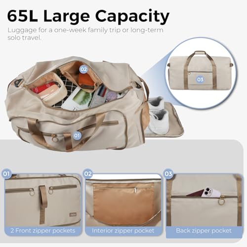 Fmeida 65L Duffle Bag with Shoes Compartment, Foldable Travel Duffel Bags for Men Women, Large Packable Travel Bag Water Repellent & Tear Resistant (Beige) - color: Glossy Beige