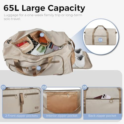 Fmeida 65L Duffle Bag with Shoes Compartment, Foldable Travel Duffel Bags for Men Women, Large Packable Travel Bag Water Repellent & Tear Resistant (Beige) - color: Glossy Beige