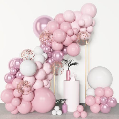 Amandir 153피스 핑크 화이트 풍선 아치 가랜드 키트 다양한 사이즈 45.7cm(18인치), 30.5cm(12인치), 25.4cm(10인치), 12.7cm(5인치), 파스텔 라이트 라텍스 메탈릭 컨페티 핑크 풍선, 어머니의 날 샤워 웨딩 보우 코케트 생일 파티 장식 - color: 베이비 핑크