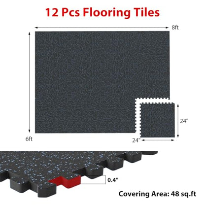 Giantex 12-Pack Interlocking Rubber Gym Floor Mats, 0.4'' Thick 24''x24'' Puzzle Tiles with Border Strips, 48 sq.ft Anti-Slip, Noise-Reducing Flooring for Home Workout Exercise (Black/Blue Speckled) - size: 0.4'' | 12 Tiles | 48 Sq Ft