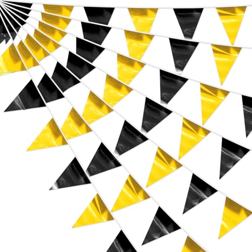 4P Black Gold Party Decorations - Metallic Fabric Triangle Pennant Banner Flags - Indoor/Outdoor Bunting Garland for Birthday, Wedding, Graduation & Theme Parties - color: Black Gold