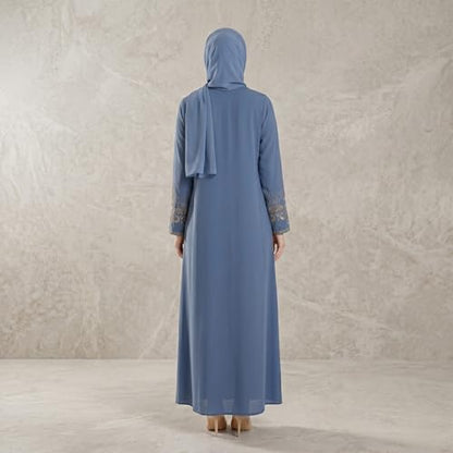 Women's Embroidered Sleeves Abaya and Embroidered On The Side of The Zipper Long Sleeve Floor Length Turkish Fashion - color: Blue, size: XX-Large