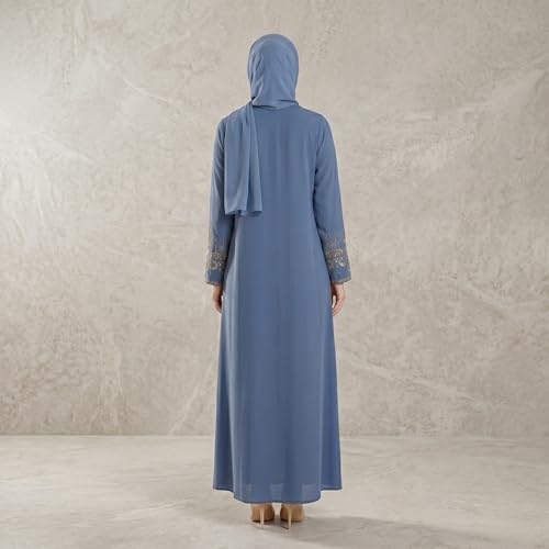 Women's Embroidered Sleeves Abaya and Embroidered On The Side of The Zipper Long Sleeve Floor Length Turkish Fashion - color: Blue, size: Medium