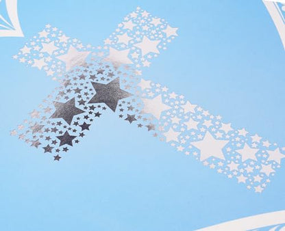 JWSCYSY 15.7" Extra Large Blue Gift Bag with Metallic Silver Star Cross Design, Card and Tissue Paper for Baby Boy Baptisms, Christenings, First Communions Religious - color: Blue 15.7"