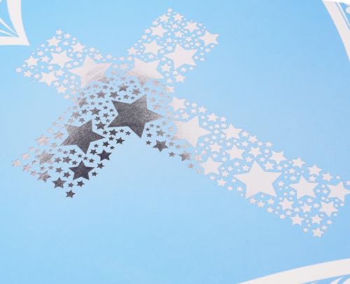 JWSCYSY 12.6" Large Blue Gift Bag with Metallic Silver Star Cross Design, Card and Tissue Paper for Baby Boy Baptisms, Christenings, First Communions Religious - color: Blue 12.6"