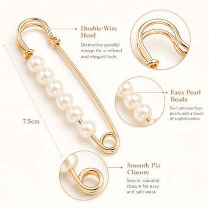 8Pcs Large Faux Pearl Safety Pin Brooch Gold 7.5cm(2.95'')