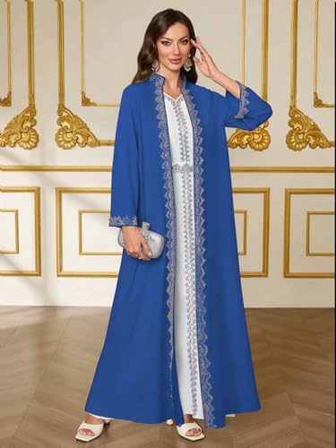 Elegant Muslim Dress Traditional Islamic Attire Maxi Robe Eid Prayer Gown - color: Blue and White, size: XX-Large