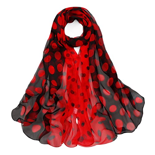 E-Clover Women Soft Floral Print Shawl Chiffon Sheer Scarf - color: Polka Dot-black Red