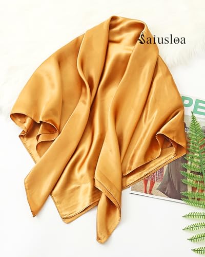 Saiusloa Solid Color Neck Scarf For Women Square Satin Head Scarves headband Bandanas 23.6× 23.6 inches - color: 9-orange