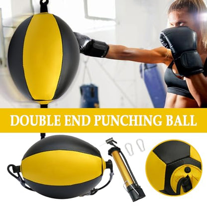 Reflex Boxing Ball, Punching Bag Set, Double End Feature Training Equipment, Pu Leather Ball with Carabiners and Headband, Speed and Reaction Hand Eye Exercise, Home Gym Use for Boxing 12x12 Inches - color: Yellow
