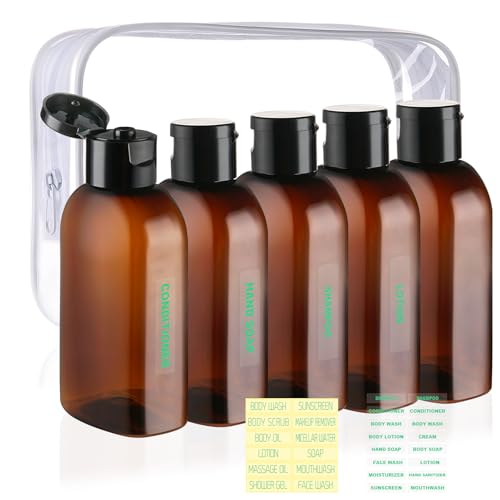 Cosywell Travel Bottles for Toiletries 5pcs 3.4oz TSA Approved Travel Shampoo Bottles Leak Proof Small Plastic Squeeze Bottle Empty Lotion Containers with Flip Cap(Brown)