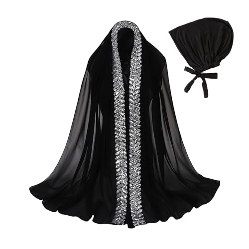 JIAHG Womens Muslim Chiffon Sequined Hijab Scarf Long Scarf Shawl Undercap Combo with Rhinestone Fashion Soft Headscarf - color: Black