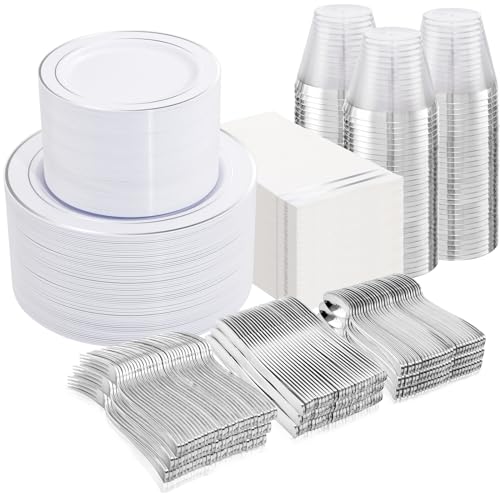 NOCCUR 700PCS Silver Plastic Plates Disposable for 100 Guests - Include 100 Dinner/Dessert White Plastic Plates with Silver Trim,300 Cutlery,100 Cups,100 Napkins for Party&Wedding - color: Silver