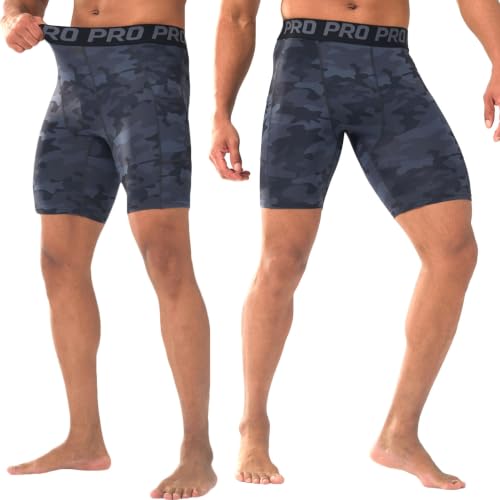LANBAOSI Mens Compression Shorts with Phone Pocket Running Gym Yoga Athletic Tights Baselayer Summer Cool Dry Underwear Pack - color: Camo Black, size: Medium
