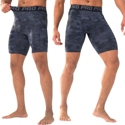 LANBAOSI Mens Compression Shorts with Phone Pocket Running Gym Yoga Athletic Tights Baselayer Summer Cool Dry Underwear Pack - color: Camo Black, size: Medium