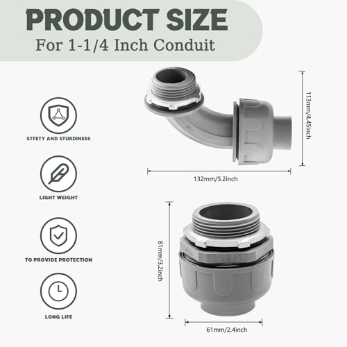 10 Pack 1-1/4 Inch Liquid Tight Connectors - PVC Electrical Conduit Fittings, Straight, 90 and 180 Degree Non-Metallic Flexible Connectors for Home, Bathroom, and Kitchen, Gray - size: 1-1/4 Inch 10-Pack (90D+180D)