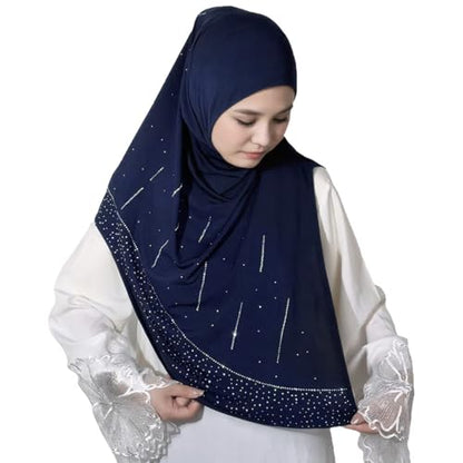 Ready To Wear Instant Hijab for Women Girls Muslim Slip-On Khimar Hijab Scarf Rhinestone Hijabs Islamic Abaya Turban - color: Navy